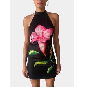 Rococo Sand Black Halter Mini Dress with Pink Floral Motif